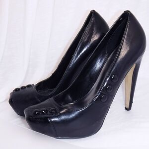 Bakers black leather square toe button heels